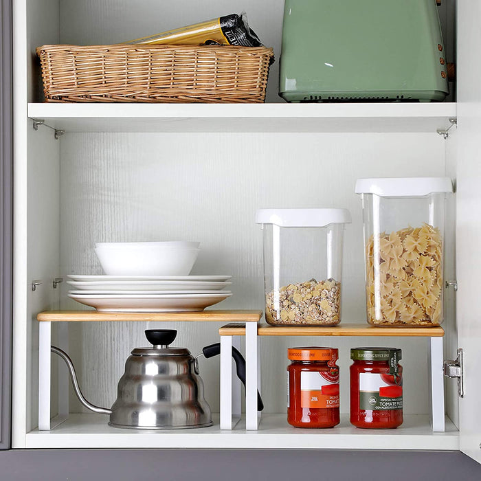 Spice Rack, Set of 2 Cupboard Shelf Organiser, Bamboo and white